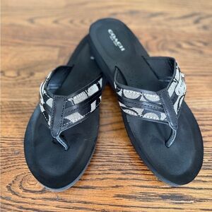 Coach Black Signature Canvas Thong Sandals with Silver Brand Tag